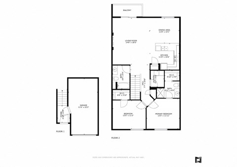 Floor plan for 2 beds, 2 baths, 1215 sqft